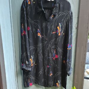 Chico's Black and Mulit Colored Butterfly Silk Shirt Size 3